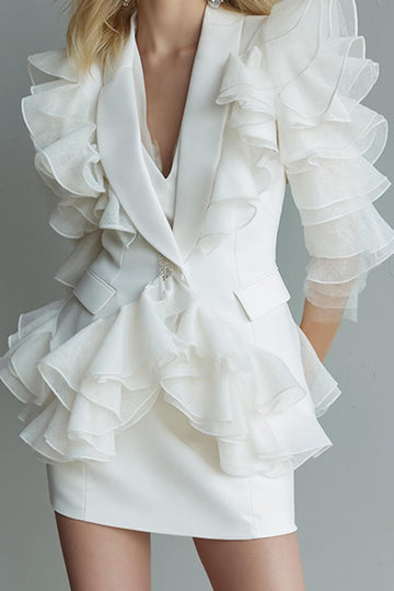 Robe de travail courte blanche 2 pièces à revers châle avec volants